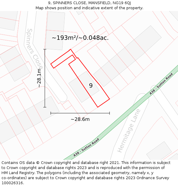 9, SPINNERS CLOSE, MANSFIELD, NG19 6QJ: Plot and title map