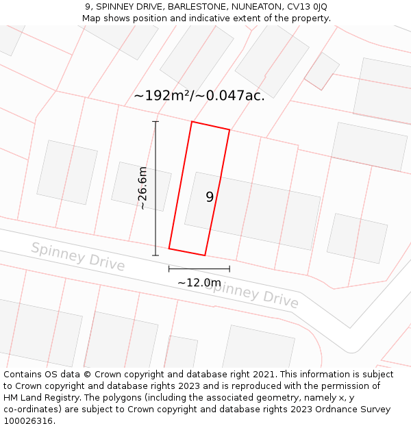 9, SPINNEY DRIVE, BARLESTONE, NUNEATON, CV13 0JQ: Plot and title map