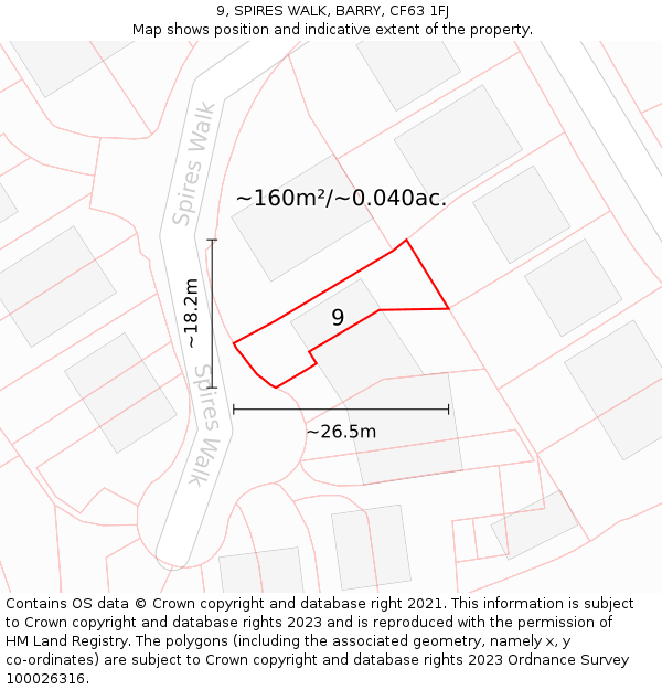 9, SPIRES WALK, BARRY, CF63 1FJ: Plot and title map