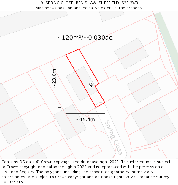 9, SPRING CLOSE, RENISHAW, SHEFFIELD, S21 3WR: Plot and title map