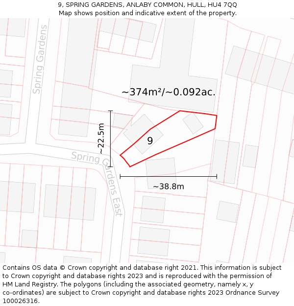 9, SPRING GARDENS, ANLABY COMMON, HULL, HU4 7QQ: Plot and title map