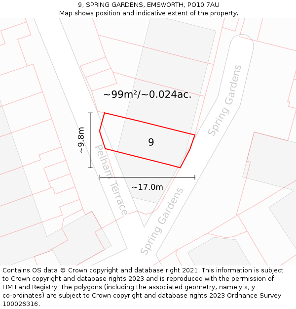 9, SPRING GARDENS, EMSWORTH, PO10 7AU: Plot and title map