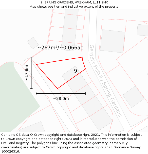9, SPRING GARDENS, WREXHAM, LL11 2NX: Plot and title map