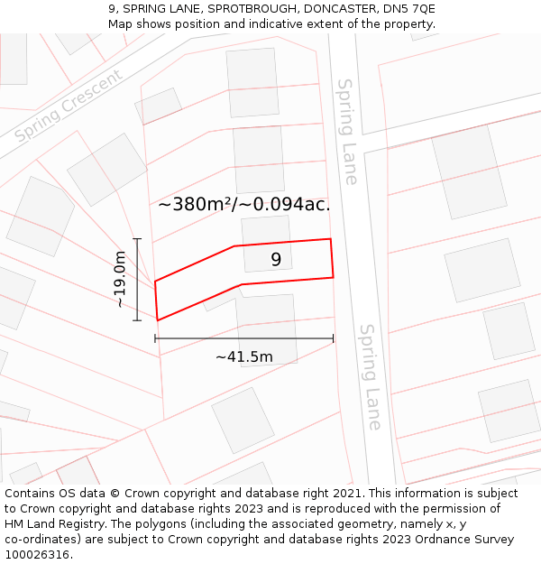 9, SPRING LANE, SPROTBROUGH, DONCASTER, DN5 7QE: Plot and title map
