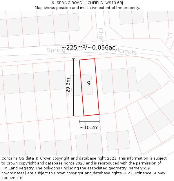 9, SPRING ROAD, LICHFIELD, WS13 6BJ: Plot and title map