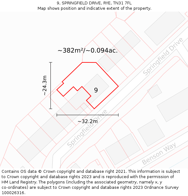 9, SPRINGFIELD DRIVE, RYE, TN31 7FL: Plot and title map