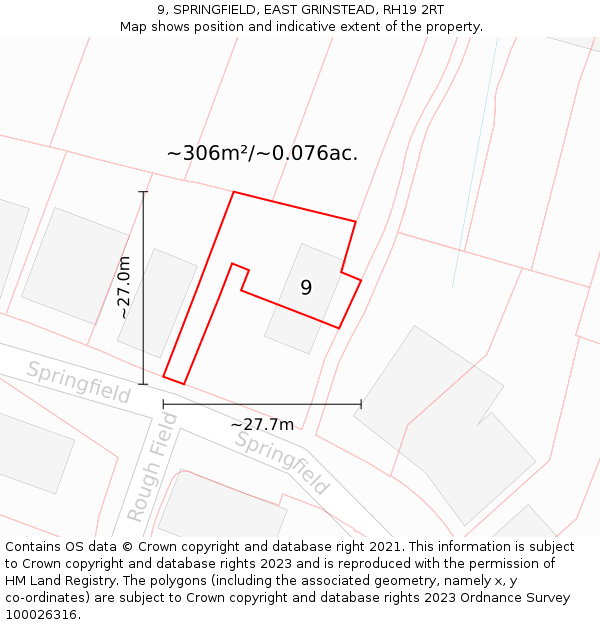 9, SPRINGFIELD, EAST GRINSTEAD, RH19 2RT: Plot and title map