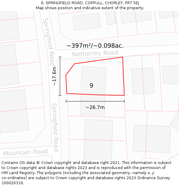 9, SPRINGFIELD ROAD, COPPULL, CHORLEY, PR7 5EJ: Plot and title map