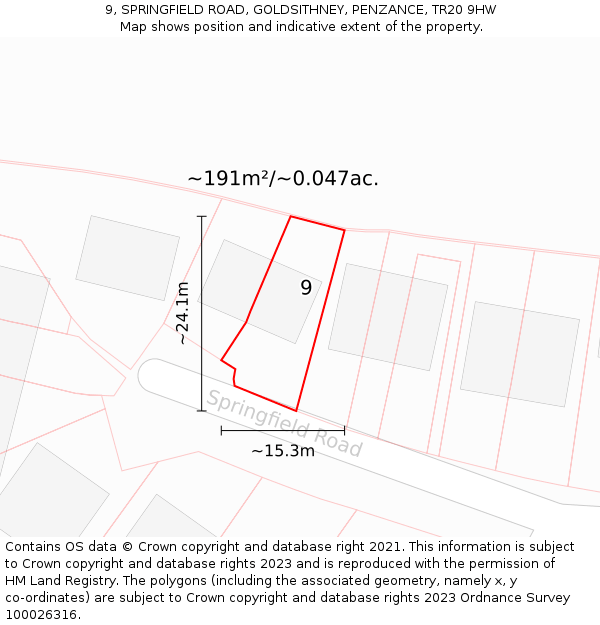 9, SPRINGFIELD ROAD, GOLDSITHNEY, PENZANCE, TR20 9HW: Plot and title map
