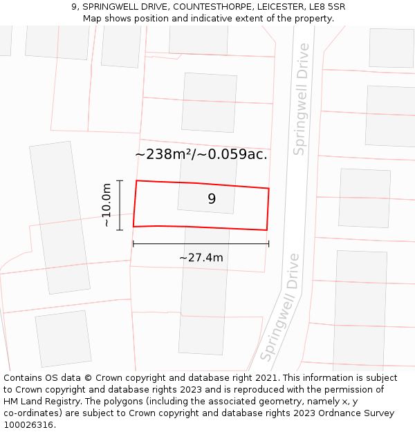 9, SPRINGWELL DRIVE, COUNTESTHORPE, LEICESTER, LE8 5SR: Plot and title map