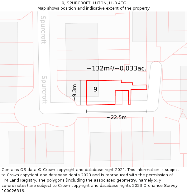 9, SPURCROFT, LUTON, LU3 4EG: Plot and title map