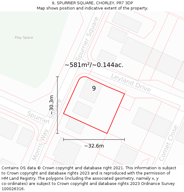 9, SPURRIER SQUARE, CHORLEY, PR7 3DP: Plot and title map