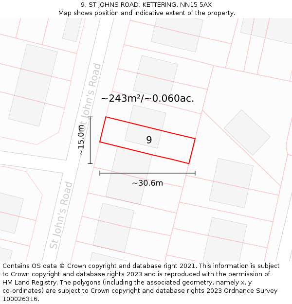 9, ST JOHNS ROAD, KETTERING, NN15 5AX: Plot and title map