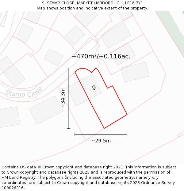 9, STAMP CLOSE, MARKET HARBOROUGH, LE16 7YF: Plot and title map