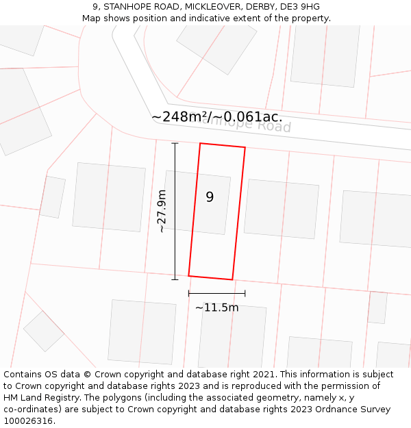 9, STANHOPE ROAD, MICKLEOVER, DERBY, DE3 9HG: Plot and title map
