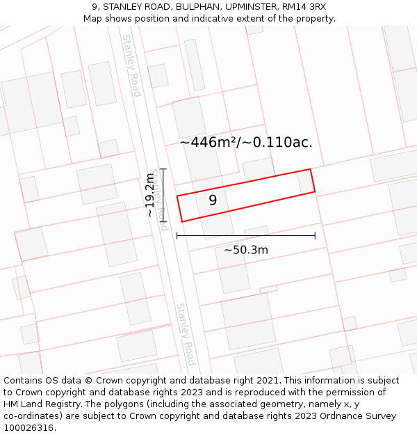9, STANLEY ROAD, BULPHAN, UPMINSTER, RM14 3RX: Plot and title map