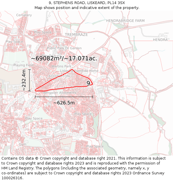 9, STEPHENS ROAD, LISKEARD, PL14 3SX: Plot and title map