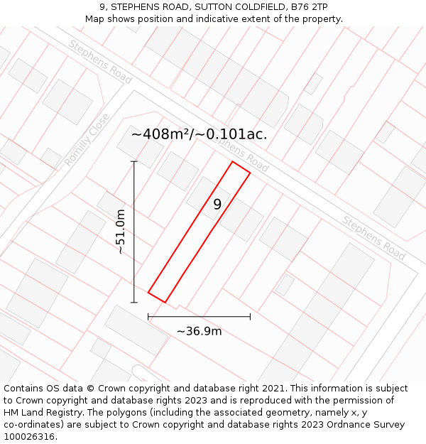 9, STEPHENS ROAD, SUTTON COLDFIELD, B76 2TP: Plot and title map