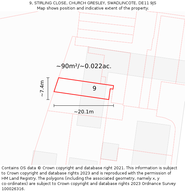 9, STIRLING CLOSE, CHURCH GRESLEY, SWADLINCOTE, DE11 9JS: Plot and title map