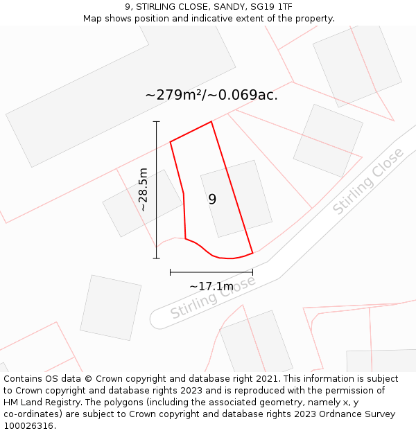 9, STIRLING CLOSE, SANDY, SG19 1TF: Plot and title map
