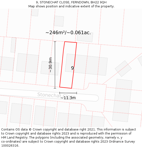 9, STONECHAT CLOSE, FERNDOWN, BH22 9QH: Plot and title map