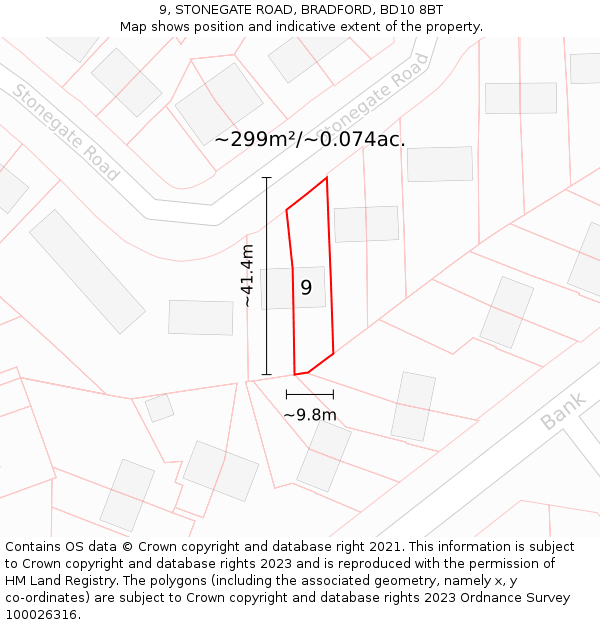 9, STONEGATE ROAD, BRADFORD, BD10 8BT: Plot and title map