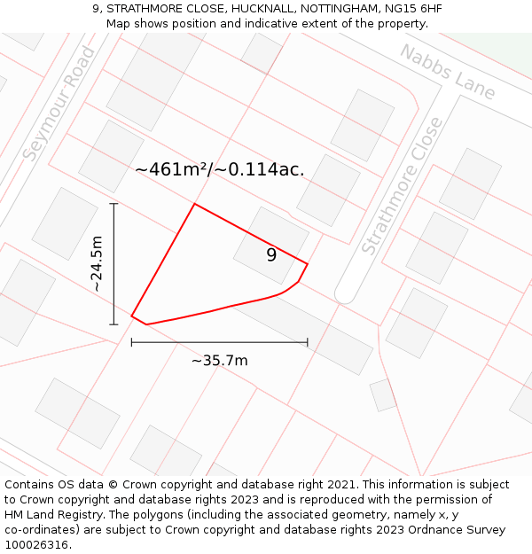 9, STRATHMORE CLOSE, HUCKNALL, NOTTINGHAM, NG15 6HF: Plot and title map