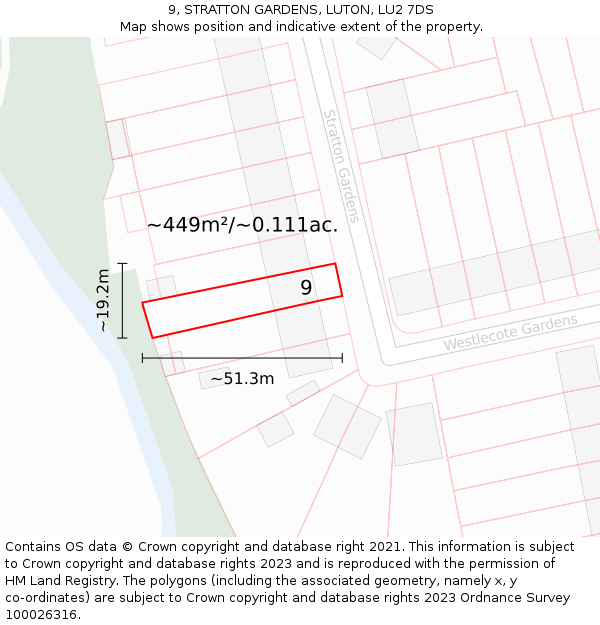 9, STRATTON GARDENS, LUTON, LU2 7DS: Plot and title map