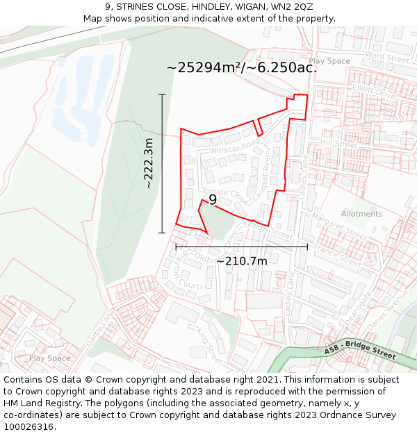 9, STRINES CLOSE, HINDLEY, WIGAN, WN2 2QZ: Plot and title map