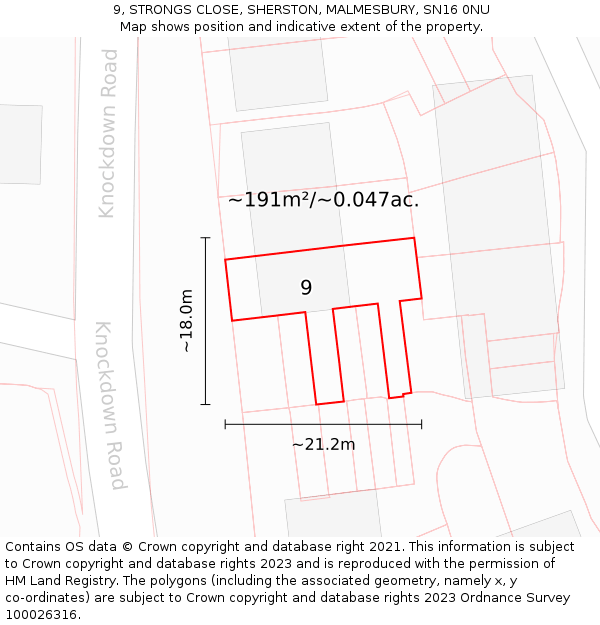 9, STRONGS CLOSE, SHERSTON, MALMESBURY, SN16 0NU: Plot and title map