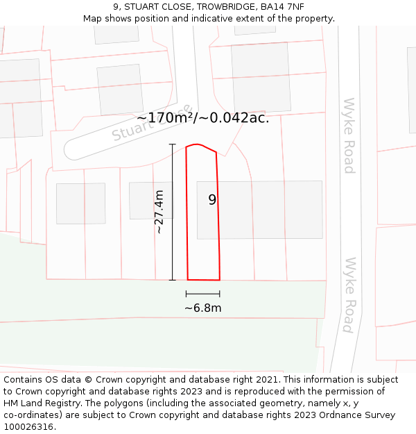 9, STUART CLOSE, TROWBRIDGE, BA14 7NF: Plot and title map
