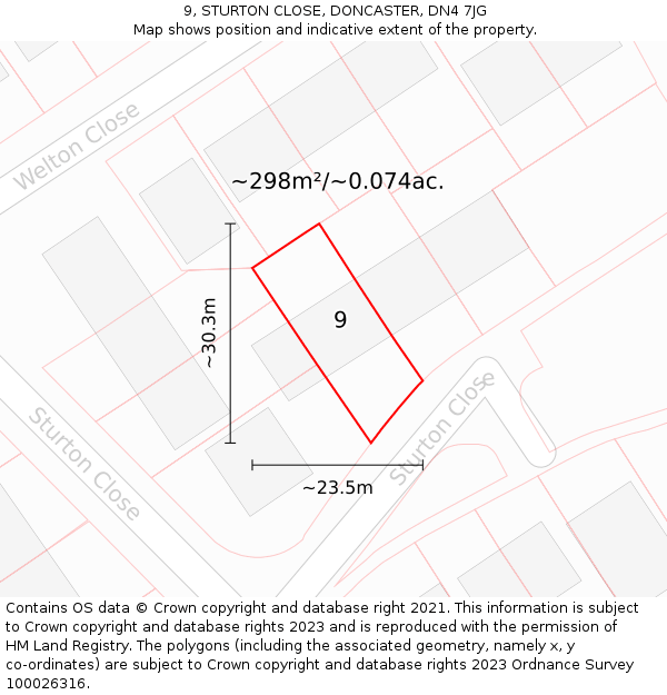 9, STURTON CLOSE, DONCASTER, DN4 7JG: Plot and title map