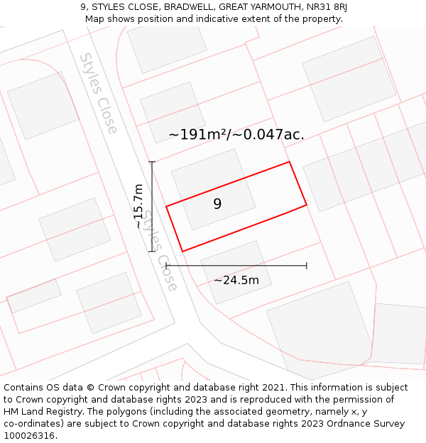 9, STYLES CLOSE, BRADWELL, GREAT YARMOUTH, NR31 8RJ: Plot and title map