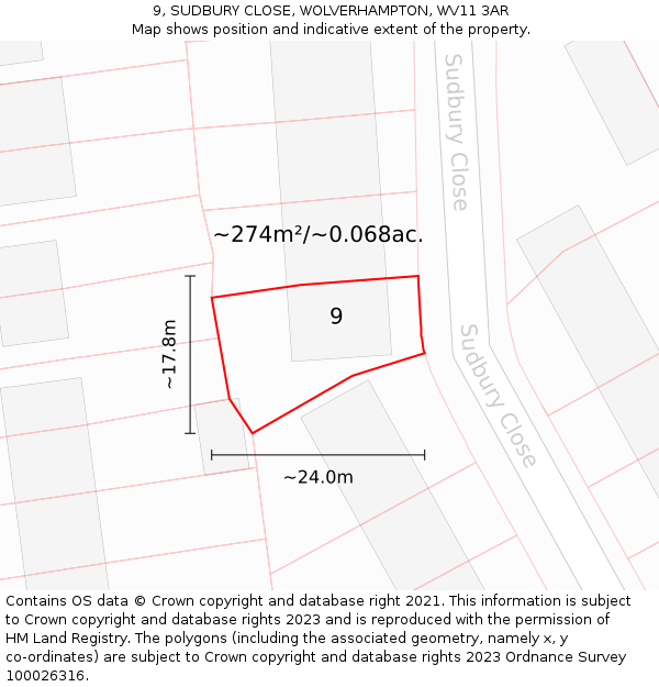 9, SUDBURY CLOSE, WOLVERHAMPTON, WV11 3AR: Plot and title map