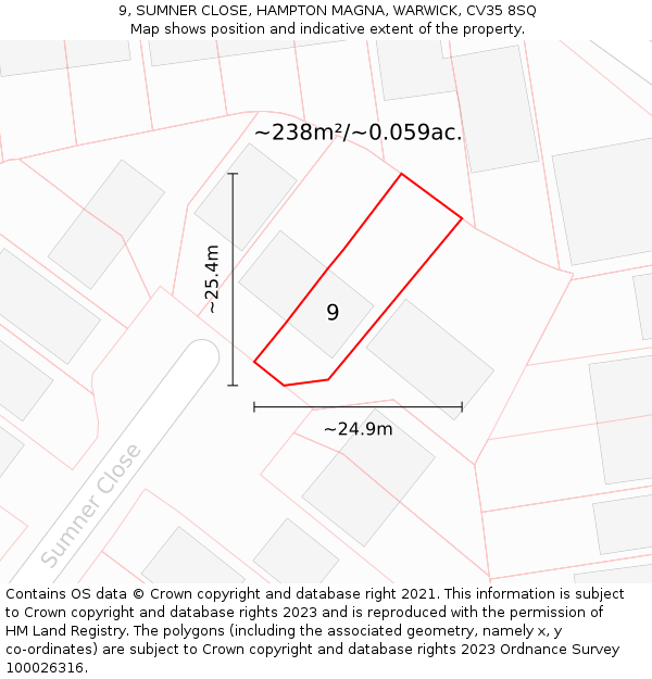 9, SUMNER CLOSE, HAMPTON MAGNA, WARWICK, CV35 8SQ: Plot and title map