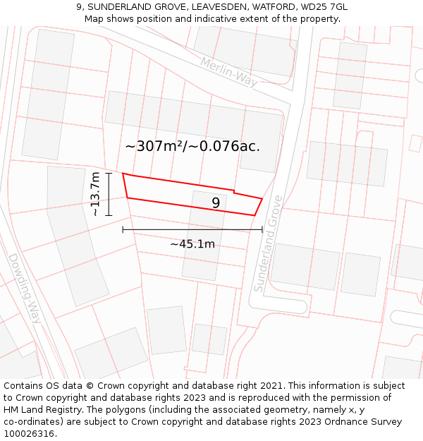 9, SUNDERLAND GROVE, LEAVESDEN, WATFORD, WD25 7GL: Plot and title map