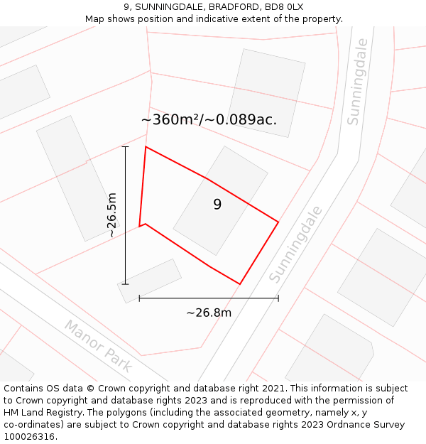 9, SUNNINGDALE, BRADFORD, BD8 0LX: Plot and title map