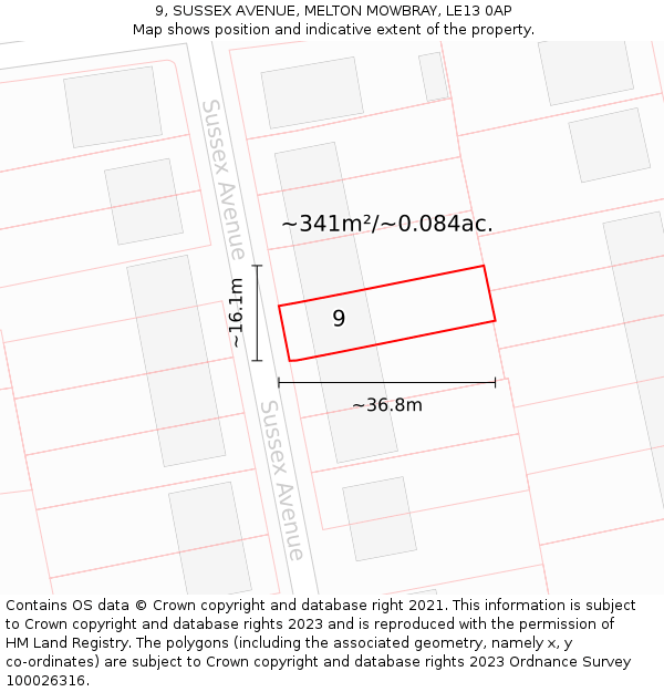 9, SUSSEX AVENUE, MELTON MOWBRAY, LE13 0AP: Plot and title map