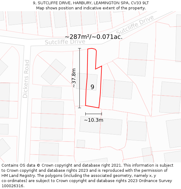 9, SUTCLIFFE DRIVE, HARBURY, LEAMINGTON SPA, CV33 9LT: Plot and title map