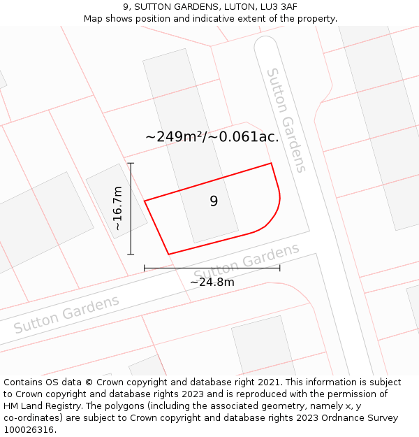 9, SUTTON GARDENS, LUTON, LU3 3AF: Plot and title map
