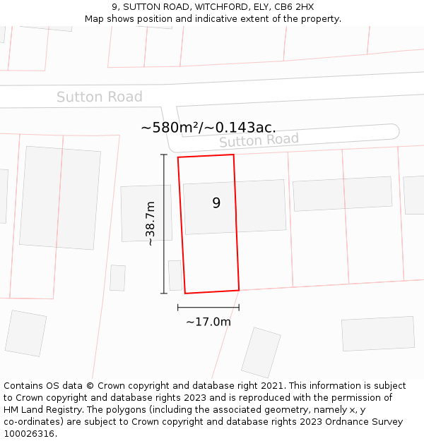 9, SUTTON ROAD, WITCHFORD, ELY, CB6 2HX: Plot and title map