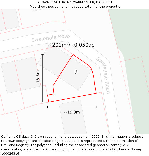 9, SWALEDALE ROAD, WARMINSTER, BA12 8FH: Plot and title map