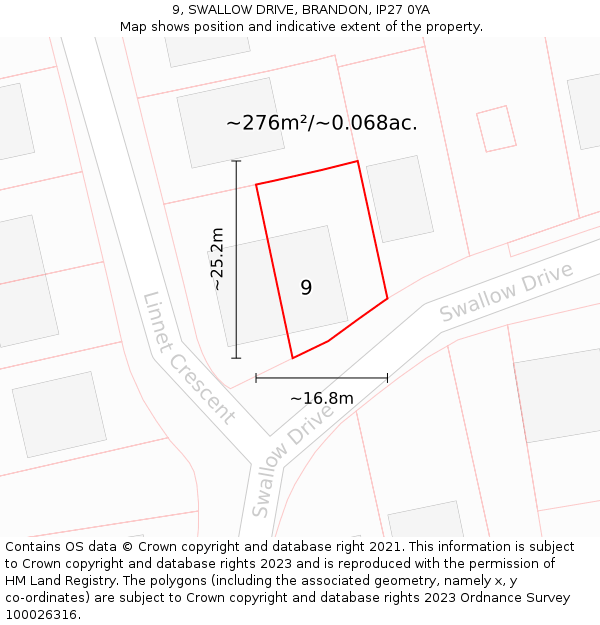 9, SWALLOW DRIVE, BRANDON, IP27 0YA: Plot and title map