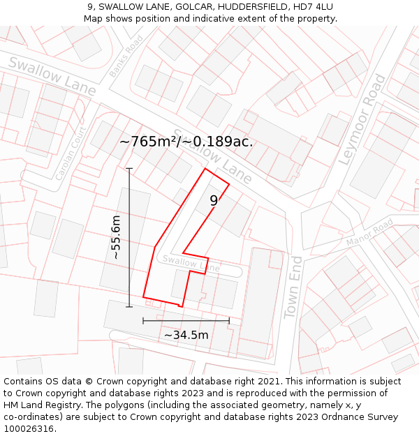 9, SWALLOW LANE, GOLCAR, HUDDERSFIELD, HD7 4LU: Plot and title map