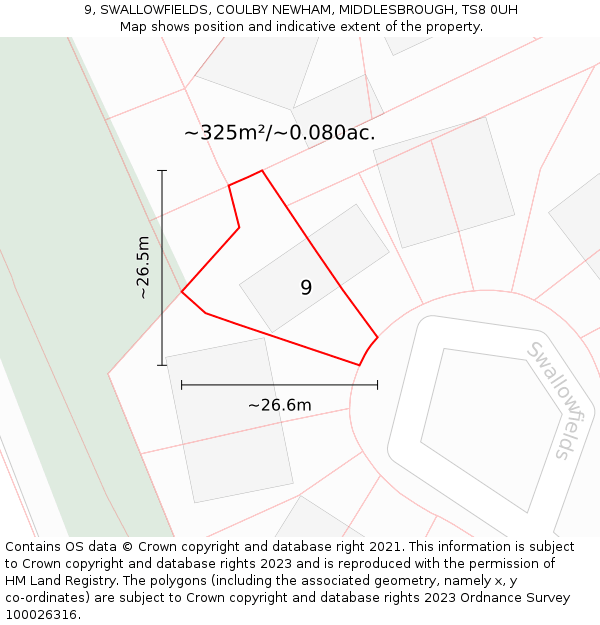 9, SWALLOWFIELDS, COULBY NEWHAM, MIDDLESBROUGH, TS8 0UH: Plot and title map