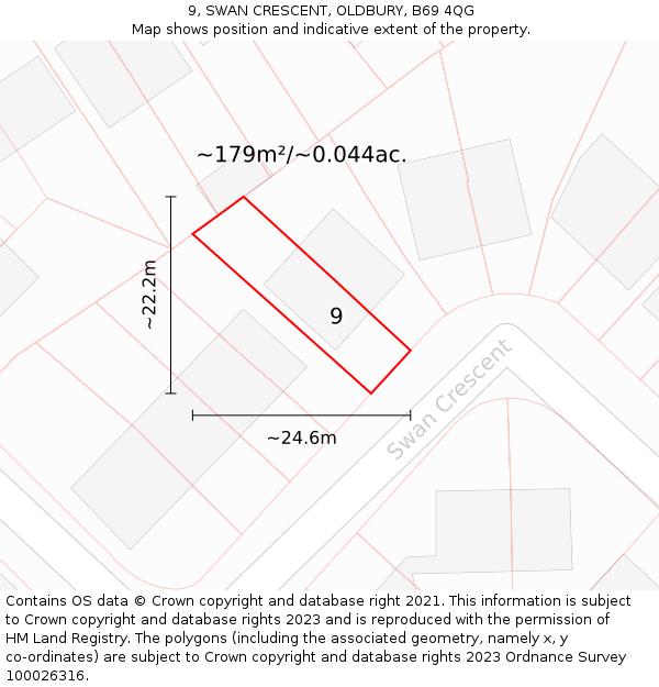 9, SWAN CRESCENT, OLDBURY, B69 4QG: Plot and title map