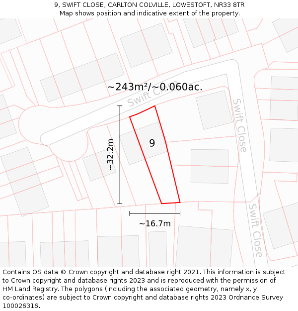 9, SWIFT CLOSE, CARLTON COLVILLE, LOWESTOFT, NR33 8TR: Plot and title map