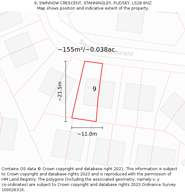 9, SWINNOW CRESCENT, STANNINGLEY, PUDSEY, LS28 6NZ: Plot and title map