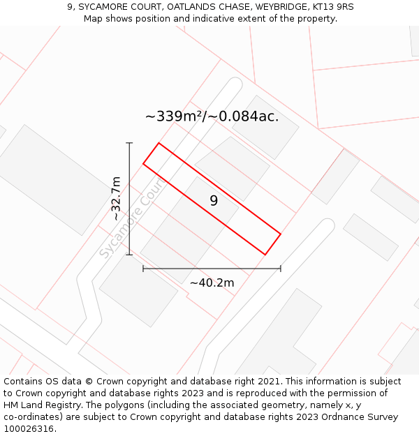 9, SYCAMORE COURT, OATLANDS CHASE, WEYBRIDGE, KT13 9RS: Plot and title map