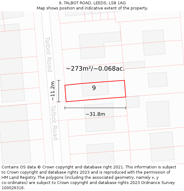9, TALBOT ROAD, LEEDS, LS8 1AG: Plot and title map